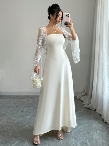 Buy SHEIN Raffinéa 2pcs Set: Lace Embroidered Dress With Corset Waist & Long Sleeve Dress in Pakistan