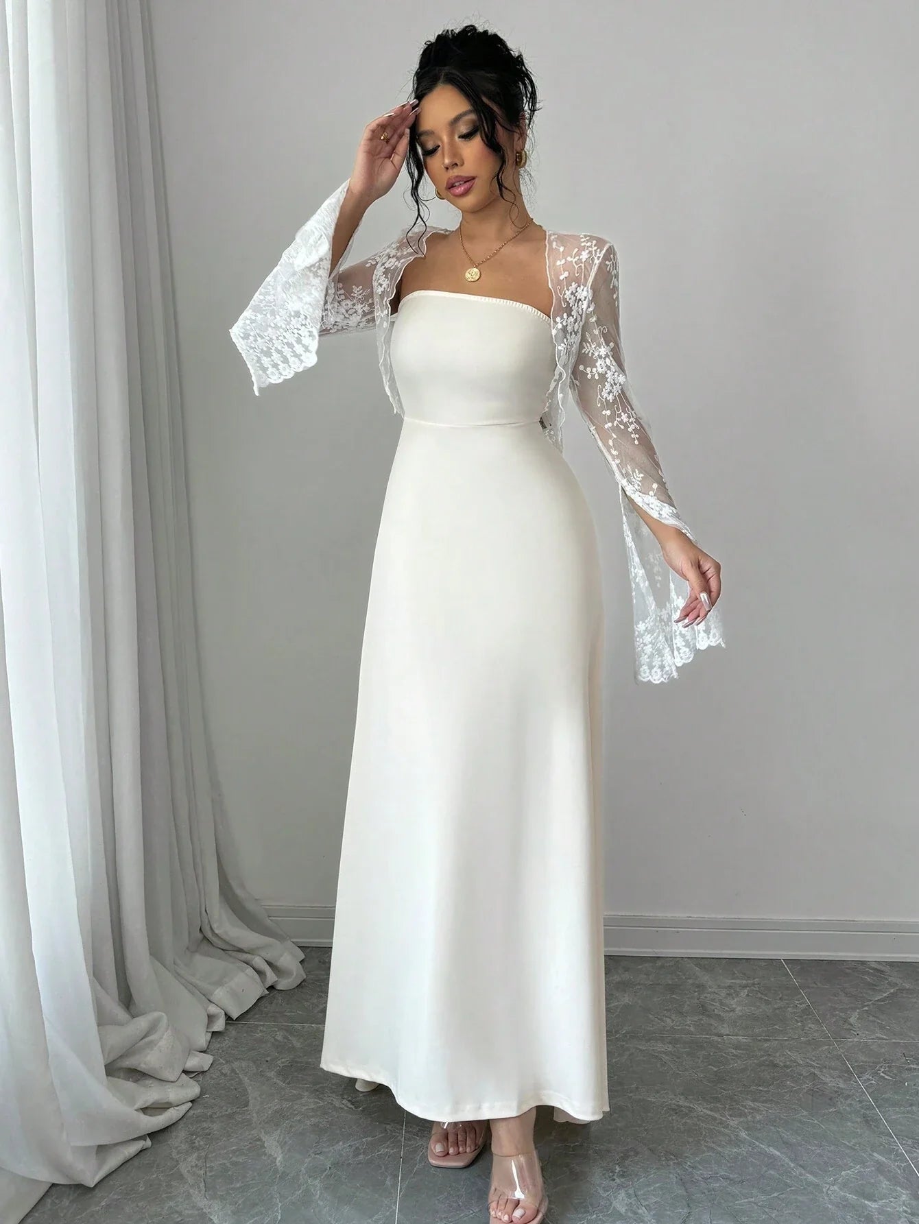 Buy SHEIN Raffinéa 2pcs Set: Lace Embroidered Dress With Corset Waist & Long Sleeve Dress in Pakistan