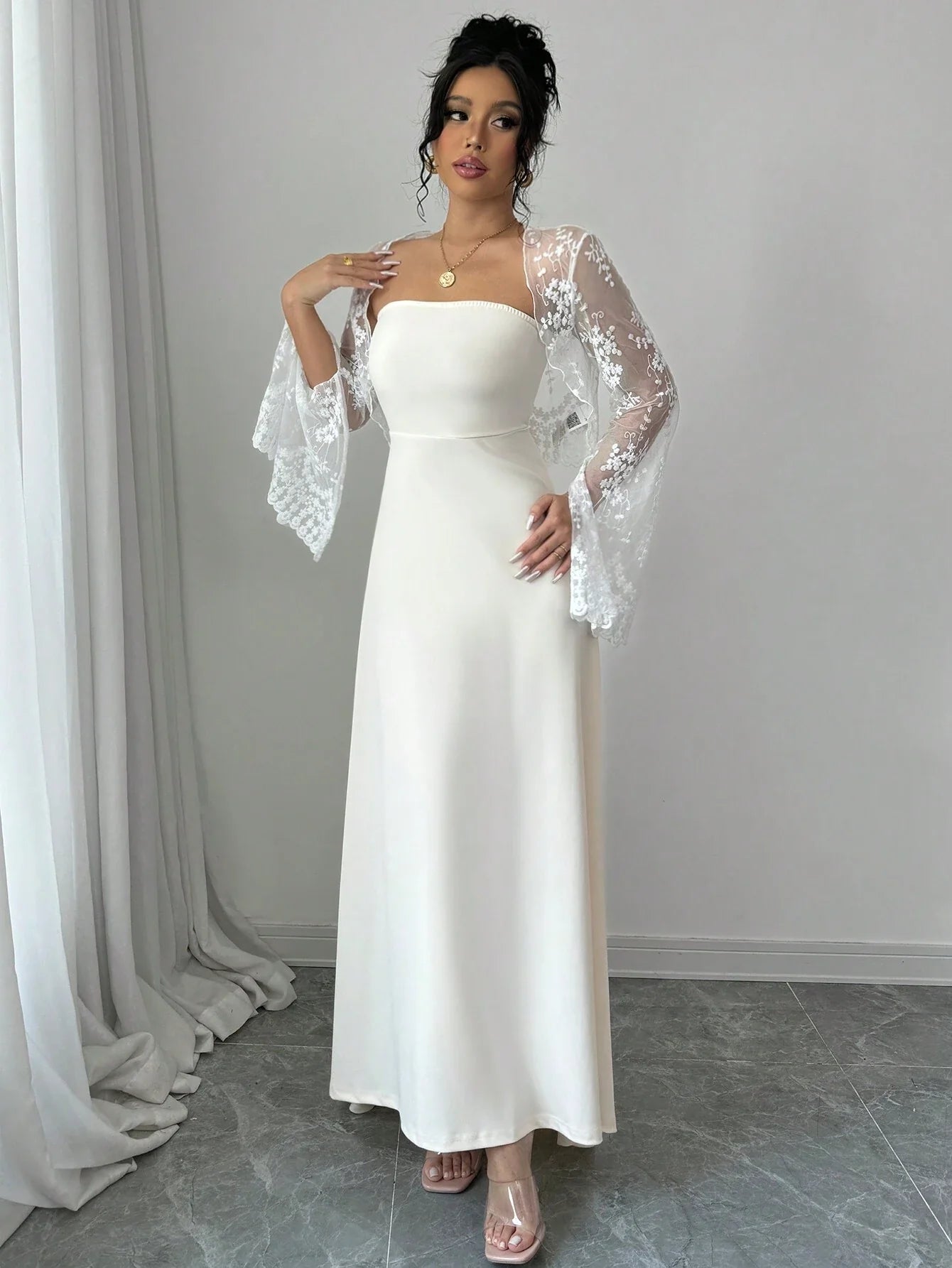 Buy SHEIN Raffinéa 2pcs Set: Lace Embroidered Dress With Corset Waist & Long Sleeve Dress in Pakistan