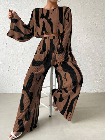 Buy SHEIN Raffinéa Bell Sleeve Cropped Top And Wide Leg Pants Set in Pakistan