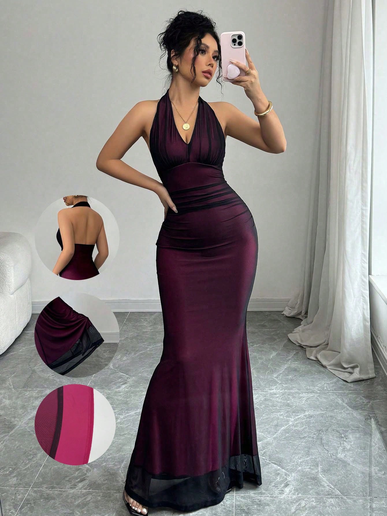 Buy SHEIN Raffinéa Elegant Figure-Hugging Fish Tail Flounced V-Neck Waist Gathering Pleated Knitted Mesh With Rose Red Lining Dress For Women in Pakistan