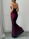 Buy SHEIN Raffinéa Elegant Figure-Hugging Fish Tail Flounced V-Neck Waist Gathering Pleated Knitted Mesh With Rose Red Lining Dress For Women in Pakistan