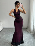 Buy SHEIN Raffinéa Elegant Figure-Hugging Fish Tail Flounced V-Neck Waist Gathering Pleated Knitted Mesh With Rose Red Lining Dress For Women in Pakistan