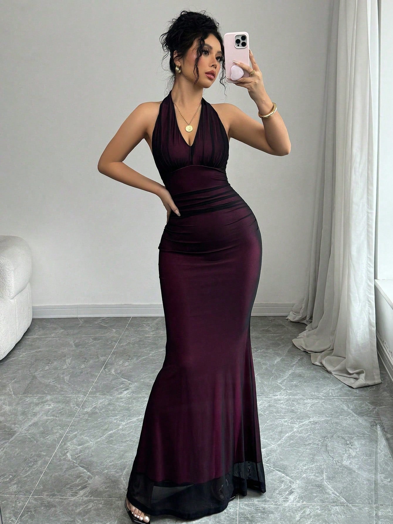 Buy SHEIN Raffinéa Elegant Figure-Hugging Fish Tail Flounced V-Neck Waist Gathering Pleated Knitted Mesh With Rose Red Lining Dress For Women in Pakistan