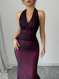 Buy SHEIN Raffinéa Elegant Figure-Hugging Fish Tail Flounced V-Neck Waist Gathering Pleated Knitted Mesh With Rose Red Lining Dress For Women in Pakistan