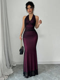 Buy SHEIN Raffinéa Elegant Figure-Hugging Fish Tail Flounced V-Neck Waist Gathering Pleated Knitted Mesh With Rose Red Lining Dress For Women in Pakistan