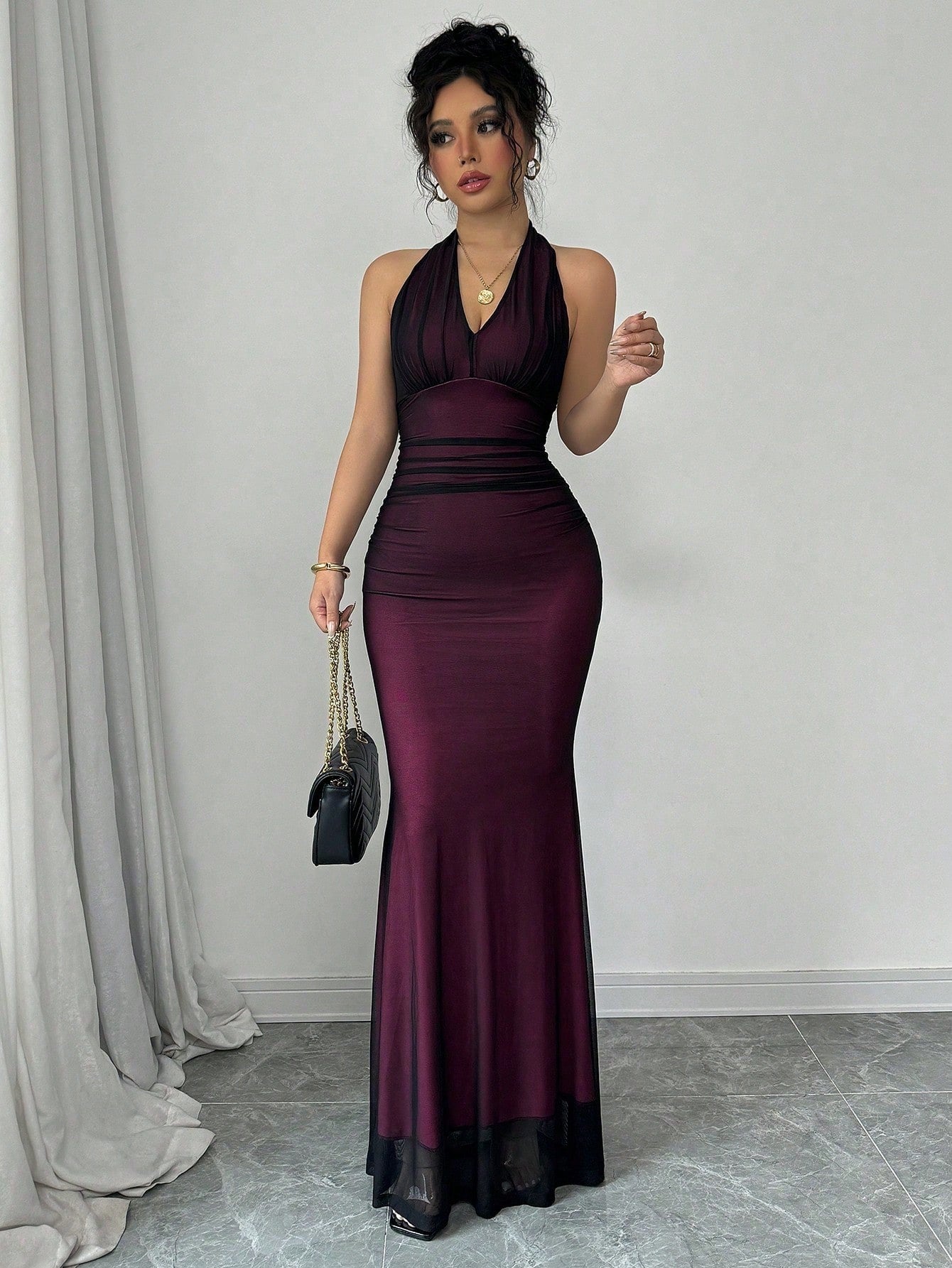 Buy SHEIN Raffinéa Elegant Figure-Hugging Fish Tail Flounced V-Neck Waist Gathering Pleated Knitted Mesh With Rose Red Lining Dress For Women in Pakistan