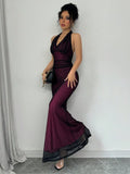 Buy SHEIN Raffinéa Elegant Figure-Hugging Fish Tail Flounced V-Neck Waist Gathering Pleated Knitted Mesh With Rose Red Lining Dress For Women in Pakistan