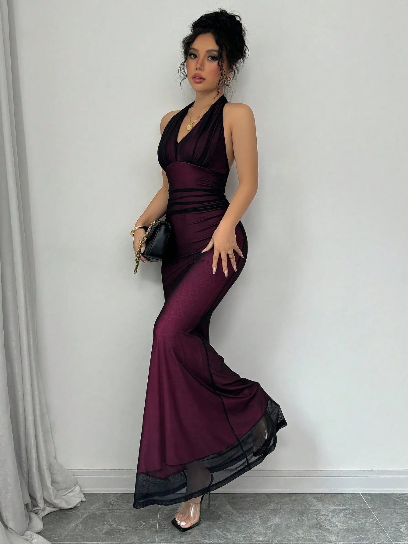 Buy SHEIN Raffinéa Elegant Figure-Hugging Fish Tail Flounced V-Neck Waist Gathering Pleated Knitted Mesh With Rose Red Lining Dress For Women in Pakistan