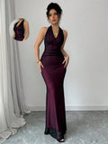 Buy SHEIN Raffinéa Elegant Figure-Hugging Fish Tail Flounced V-Neck Waist Gathering Pleated Knitted Mesh With Rose Red Lining Dress For Women in Pakistan