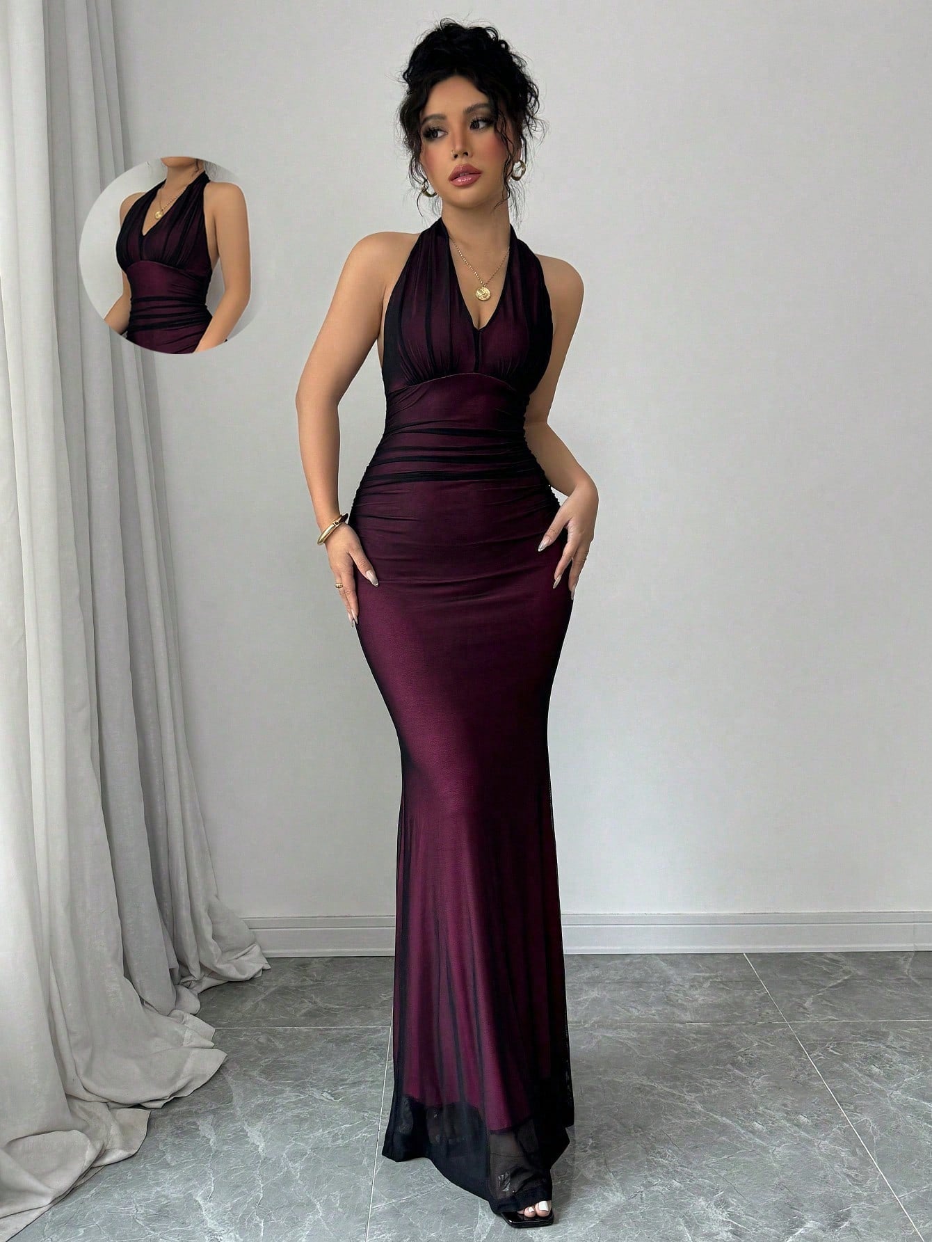 Buy SHEIN Raffinéa Elegant Figure-Hugging Fish Tail Flounced V-Neck Waist Gathering Pleated Knitted Mesh With Rose Red Lining Dress For Women in Pakistan