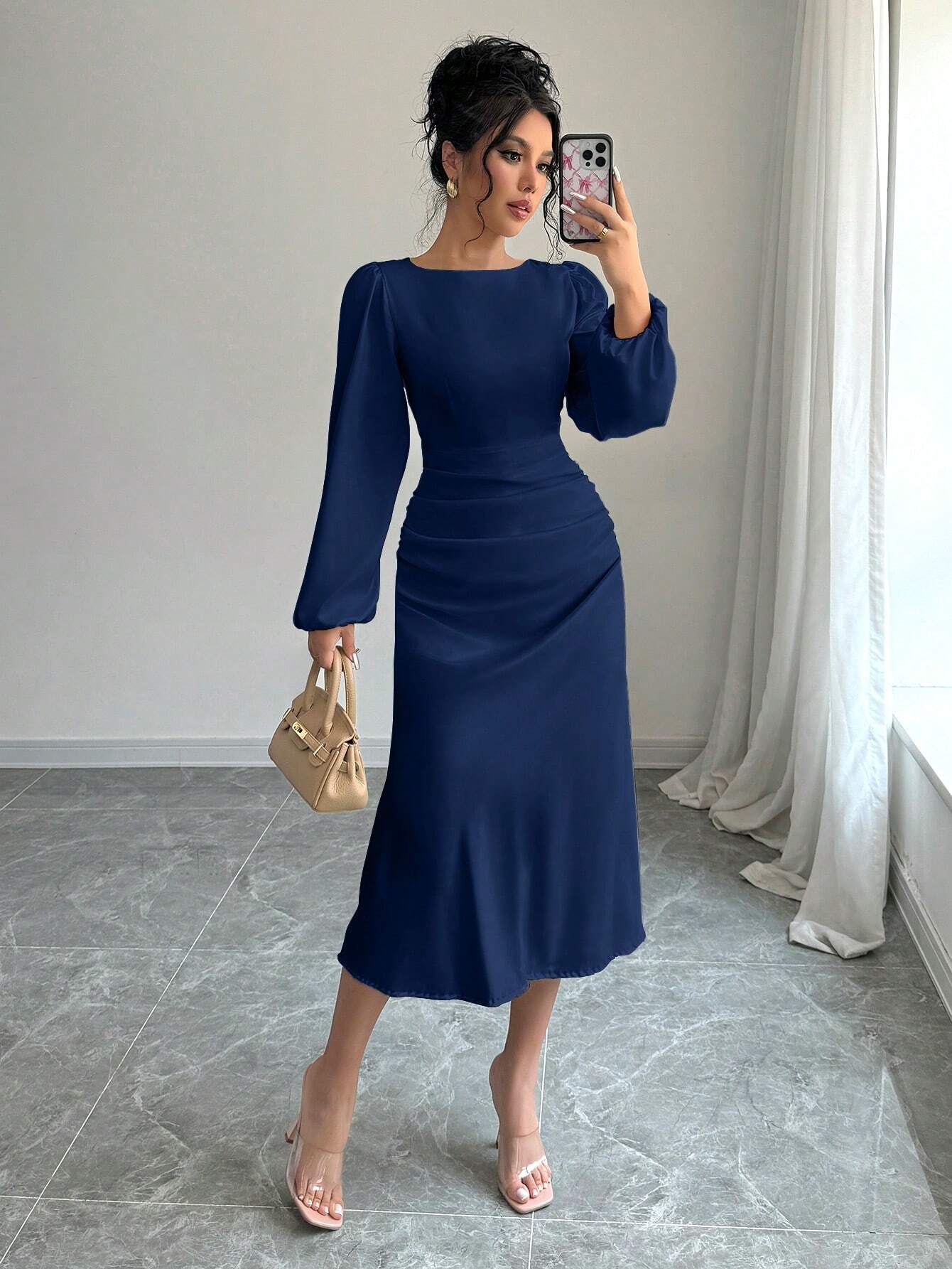 Buy SHEIN Raffinéa Elegant Solid Color Puff Sleeve Fishtail Dress, Autumn Maxi Women Outfit Long Sleeve Midi Dresselegant Dress Long Sleevenavy Blue Dress Women in Pakistan