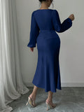 Buy SHEIN Raffinéa Elegant Solid Color Puff Sleeve Fishtail Dress, Autumn Maxi Women Outfit Long Sleeve Midi Dresselegant Dress Long Sleevenavy Blue Dress Women in Pakistan