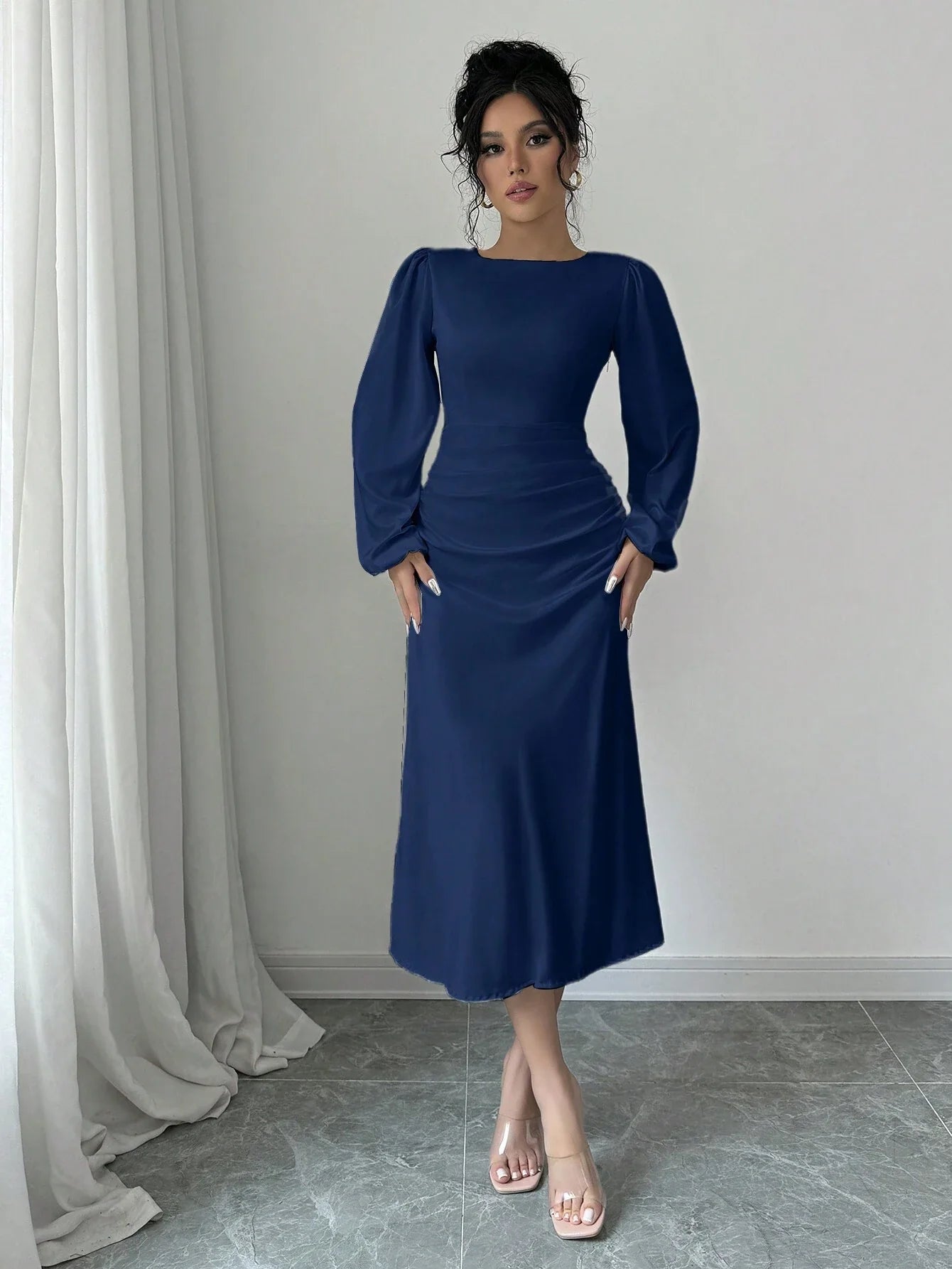 Buy SHEIN Raffinéa Elegant Solid Color Puff Sleeve Fishtail Dress, Autumn Maxi Women Outfit Long Sleeve Midi Dresselegant Dress Long Sleevenavy Blue Dress Women in Pakistan