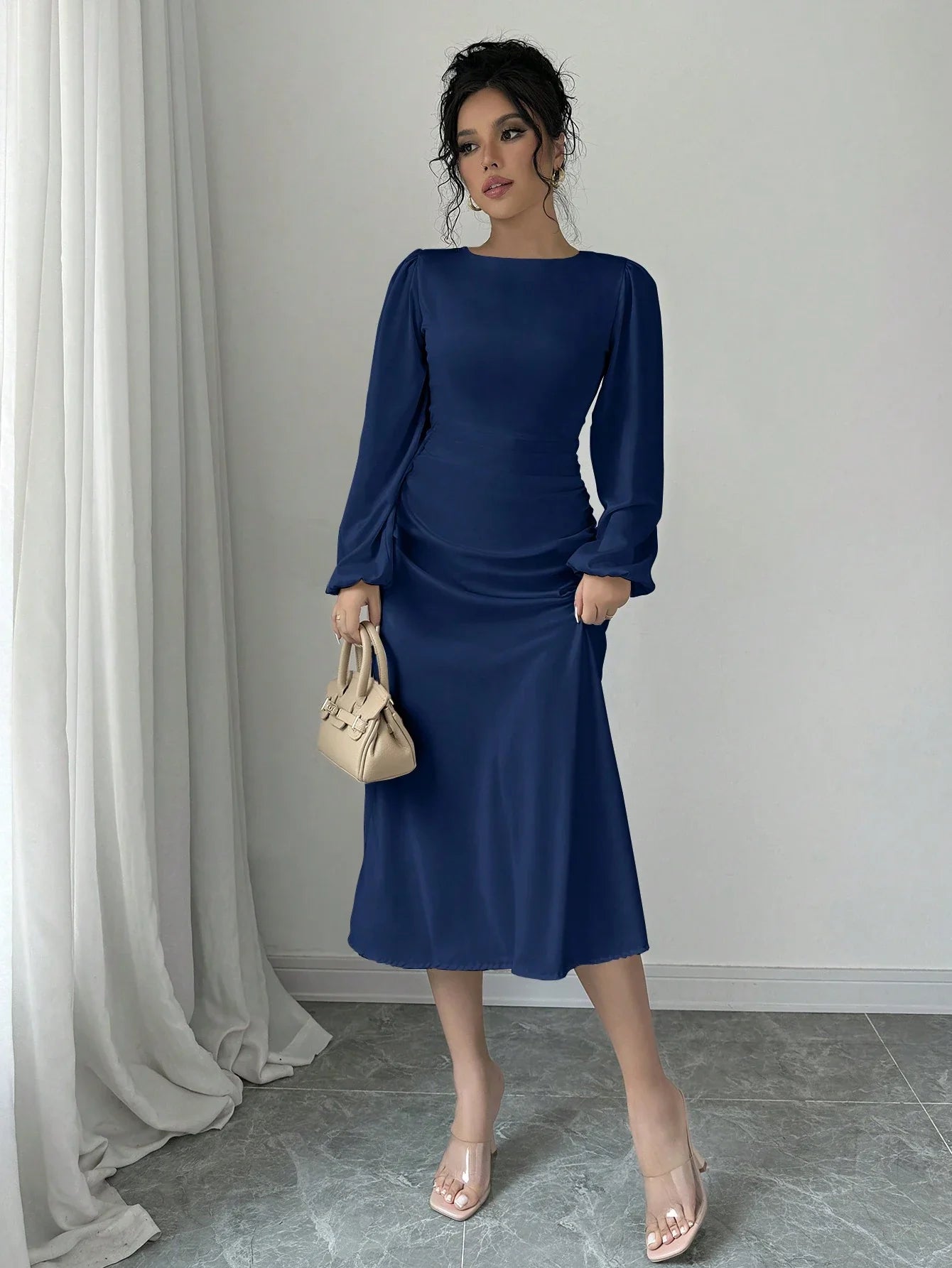 Buy SHEIN Raffinéa Elegant Solid Color Puff Sleeve Fishtail Dress, Autumn Maxi Women Outfit Long Sleeve Midi Dresselegant Dress Long Sleevenavy Blue Dress Women in Pakistan
