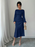 Buy SHEIN Raffinéa Elegant Solid Color Puff Sleeve Fishtail Dress, Autumn Maxi Women Outfit Long Sleeve Midi Dresselegant Dress Long Sleevenavy Blue Dress Women in Pakistan