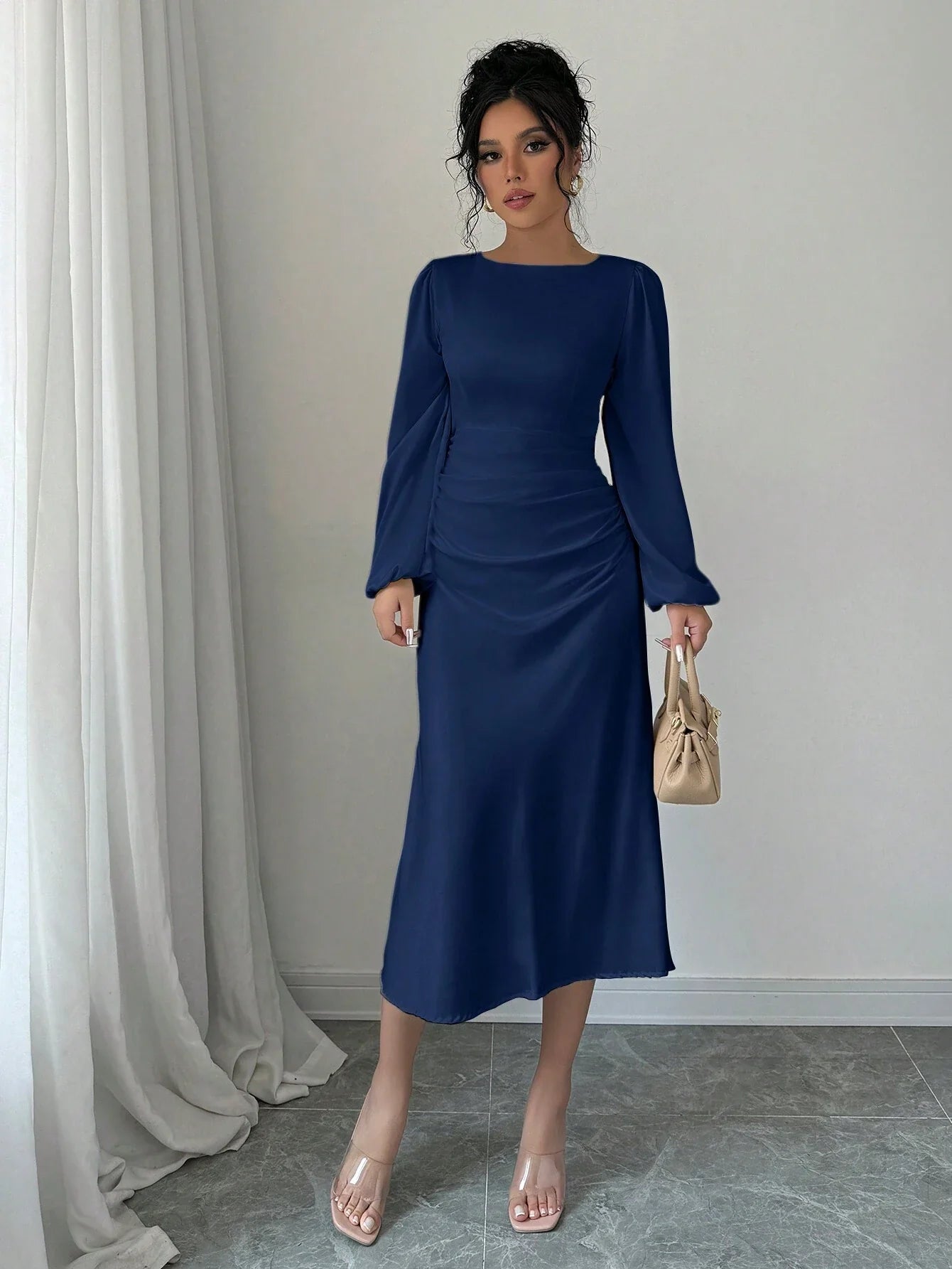 Buy SHEIN Raffinéa Elegant Solid Color Puff Sleeve Fishtail Dress, Autumn Maxi Women Outfit Long Sleeve Midi Dresselegant Dress Long Sleevenavy Blue Dress Women in Pakistan