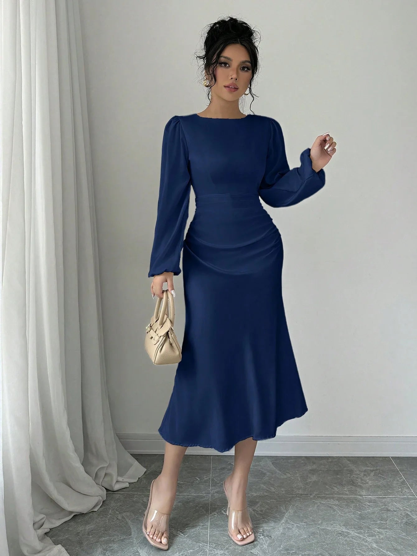 Buy SHEIN Raffinéa Elegant Solid Color Puff Sleeve Fishtail Dress, Autumn Maxi Women Outfit Long Sleeve Midi Dresselegant Dress Long Sleevenavy Blue Dress Women in Pakistan