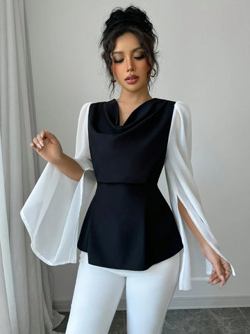 Buy SHEIN Raffinéa Elegant Women's High-Quality Swing Collar Draped Stitching Cinched Waist Chiffon Sheer Split Sleeve Blouse in Pakistan