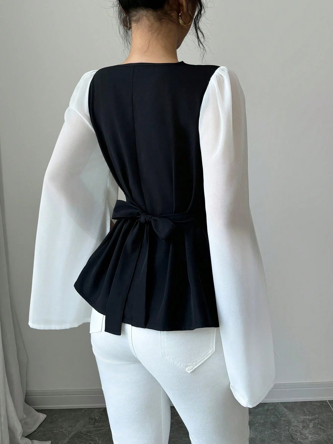 Buy SHEIN Raffinéa Elegant Women's High-Quality Swing Collar Draped Stitching Cinched Waist Chiffon Sheer Split Sleeve Blouse in Pakistan