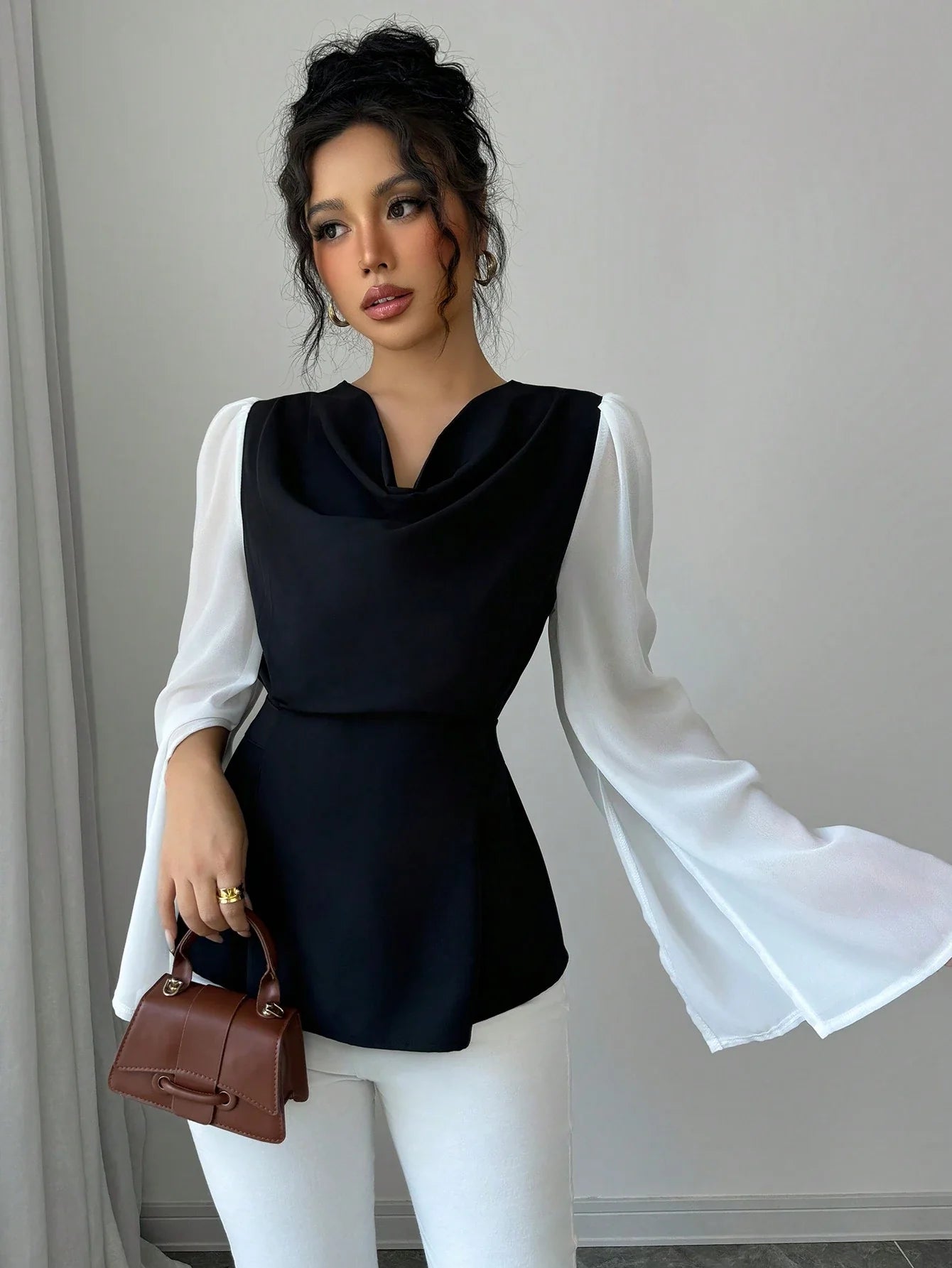 Buy SHEIN Raffinéa Elegant Women's High-Quality Swing Collar Draped Stitching Cinched Waist Chiffon Sheer Split Sleeve Blouse in Pakistan