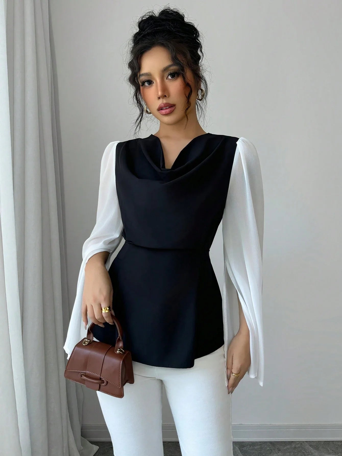 Buy SHEIN Raffinéa Elegant Women's High-Quality Swing Collar Draped Stitching Cinched Waist Chiffon Sheer Split Sleeve Blouse in Pakistan