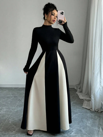 Buy SHEIN Raffinéa European And American Style Color Block Long Sleeve A-Line Flare Dress, Waist-Cinching Design For A Slimming Look, Autumn/Winter Maxi Women Outfit in Pakistan