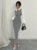 Buy SHEIN Raffinéa Fashionable Elegant Slim Long Patchwork Puff Sleeve Collar Houndstooth Pattern Fabric Women's Long Dress in Pakistan