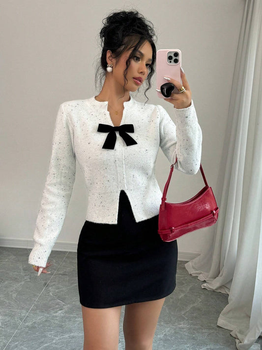 Buy SHEIN Raffinéa New V-Neck Bowknot Cropped Sweater With Side Slits in Pakistan