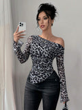 Buy SHEIN Raffinéa Random Print Loose Fit Open Shoulder Long Sleeve Leopard Mesh Cover Up T-Shirt For Women Graphic Cheetah Print Tees Women Tops For Spring Outfit in Pakistan