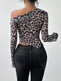 Buy SHEIN Raffinéa Random Print Loose Fit Open Shoulder Long Sleeve Leopard Mesh Cover Up T-Shirt For Women Graphic Cheetah Print Tees Women Tops For Spring Outfit in Pakistan