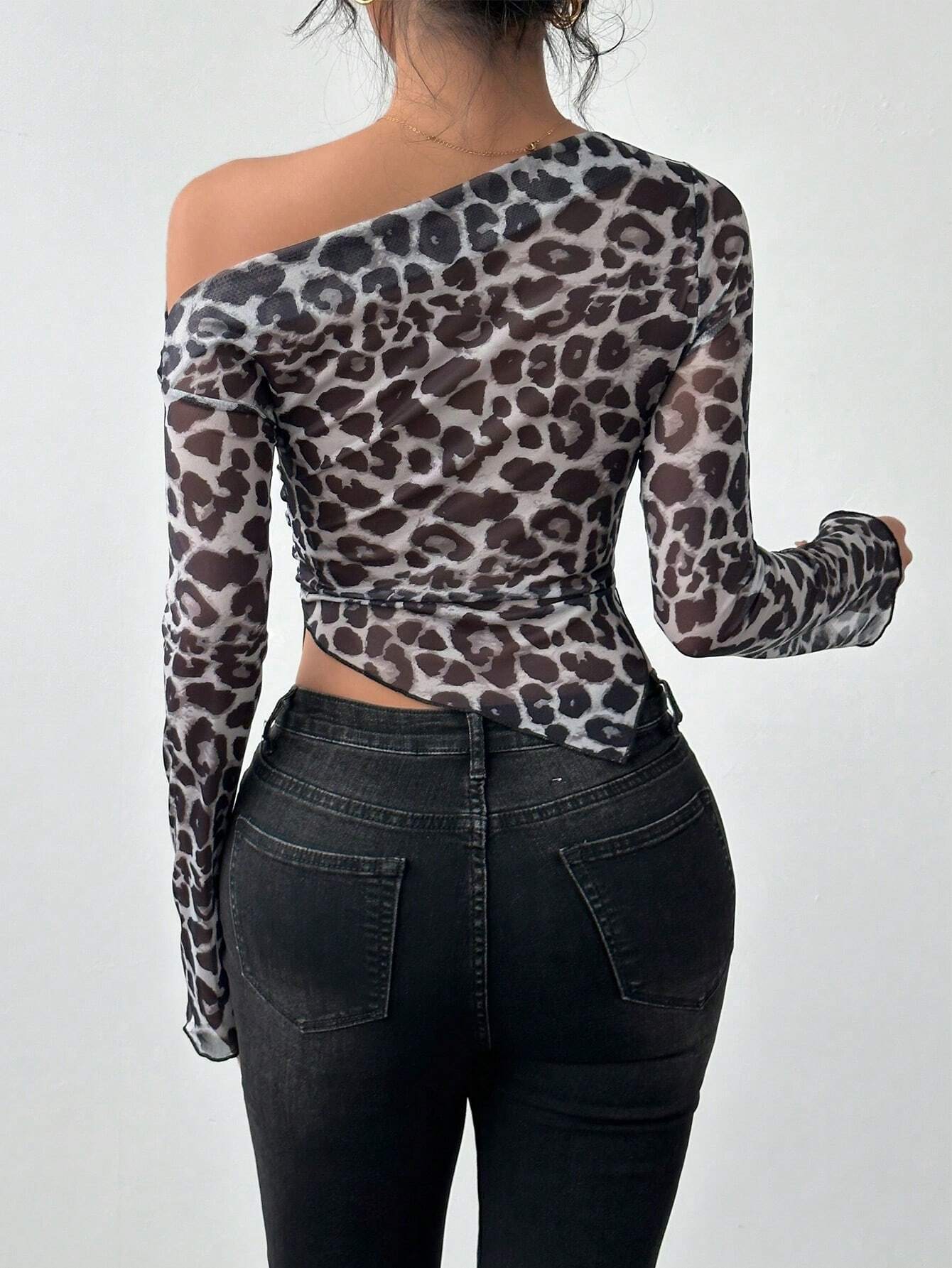 Buy SHEIN Raffinéa Random Print Loose Fit Open Shoulder Long Sleeve Leopard Mesh Cover Up T-Shirt For Women Graphic Cheetah Print Tees Women Tops For Spring Outfit in Pakistan