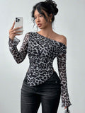 Buy SHEIN Raffinéa Random Print Loose Fit Open Shoulder Long Sleeve Leopard Mesh Cover Up T-Shirt For Women Graphic Cheetah Print Tees Women Tops For Spring Outfit in Pakistan