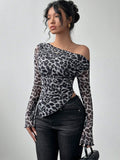 Buy SHEIN Raffinéa Random Print Loose Fit Open Shoulder Long Sleeve Leopard Mesh Cover Up T-Shirt For Women Graphic Cheetah Print Tees Women Tops For Spring Outfit in Pakistan