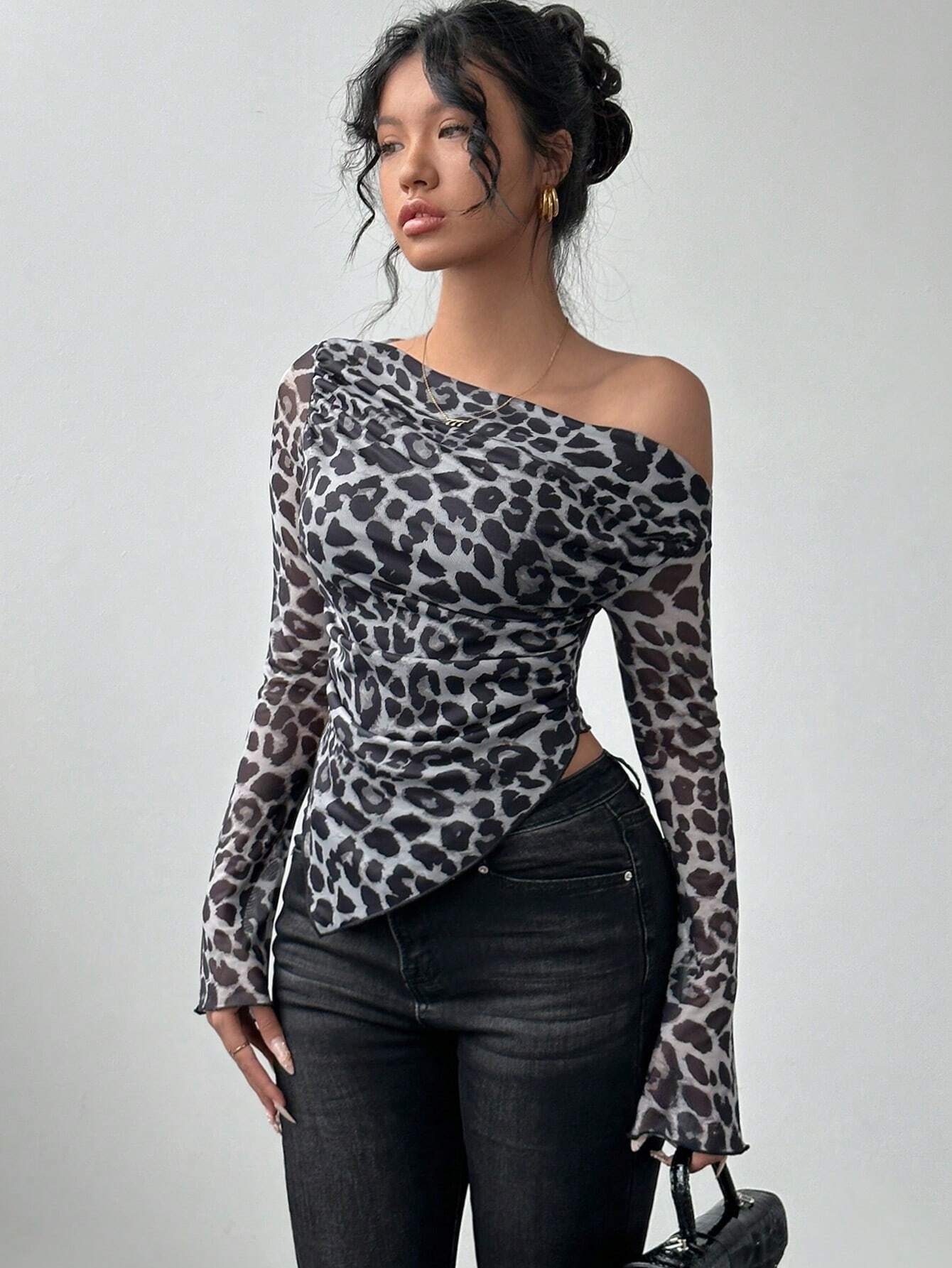 Buy SHEIN Raffinéa Random Print Loose Fit Open Shoulder Long Sleeve Leopard Mesh Cover Up T-Shirt For Women Graphic Cheetah Print Tees Women Tops For Spring Outfit in Pakistan