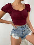 Buy SHEIN Privé Ruched Front Sweetheart Neck Puff Sleeve Crop Tee in Pakistan