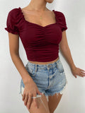 Buy SHEIN Privé Ruched Front Sweetheart Neck Puff Sleeve Crop Tee in Pakistan