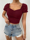 Buy SHEIN Privé Ruched Front Sweetheart Neck Puff Sleeve Crop Tee in Pakistan