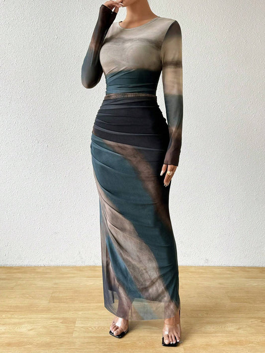 Buy SHEIN Raffinéa Fashion Tie-Dye Ruched Slim Long Dress Maxi Women Outfit in Pakistan