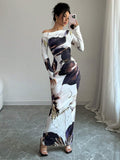 Buy SHEIN Raffinéa Women All-Over Allover Print Asymmetric Neckline Long Sleeve Waisted Dress Maxi Women Outfit in Pakistan