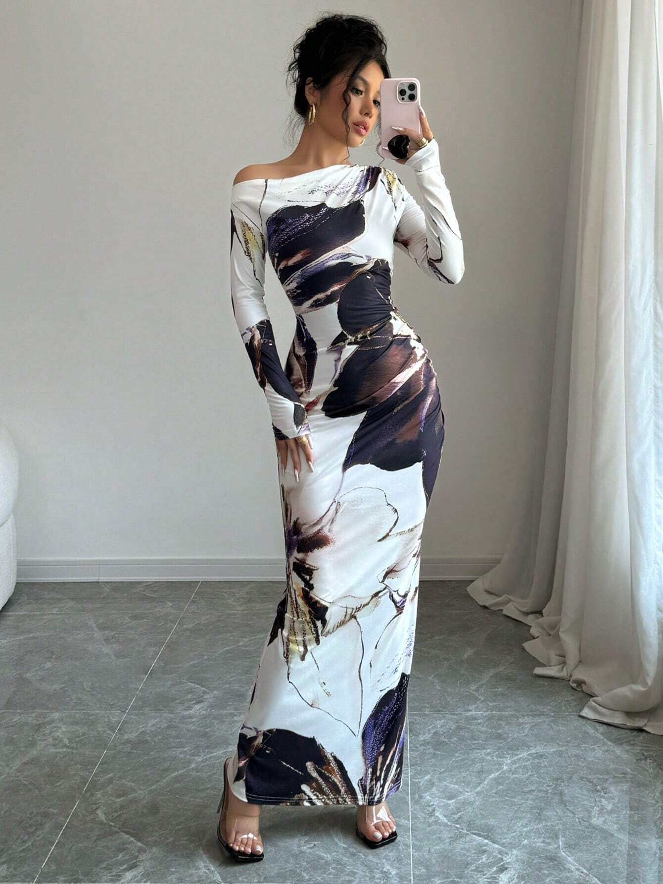 Buy SHEIN Raffinéa Women All-Over Allover Print Asymmetric Neckline Long Sleeve Waisted Dress Maxi Women Outfit in Pakistan