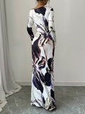 Buy SHEIN Raffinéa Women All-Over Allover Print Asymmetric Neckline Long Sleeve Waisted Dress Maxi Women Outfit in Pakistan