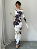 Buy SHEIN Raffinéa Women All-Over Allover Print Asymmetric Neckline Long Sleeve Waisted Dress Maxi Women Outfit in Pakistan