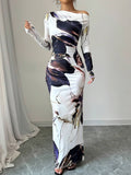 Buy SHEIN Raffinéa Women All-Over Allover Print Asymmetric Neckline Long Sleeve Waisted Dress Maxi Women Outfit in Pakistan