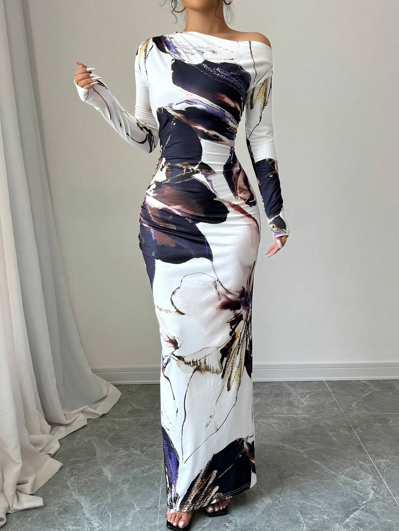 Buy SHEIN Raffinéa Women All-Over Allover Print Asymmetric Neckline Long Sleeve Waisted Dress Maxi Women Outfit in Pakistan