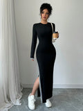 Buy SHEIN Raffinéa Women Contrast Color Patchwork Round Neck Long Sleeve Single Side Slit Dress Maxi Women Outfit in Pakistan