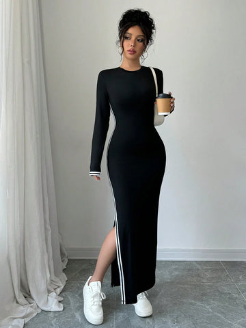 Buy SHEIN Raffinéa Women Contrast Color Patchwork Round Neck Long Sleeve Single Side Slit Dress Maxi Women Outfit in Pakistan
