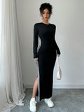 Buy SHEIN Raffinéa Women Contrast Color Patchwork Round Neck Long Sleeve Single Side Slit Dress Maxi Women Outfit in Pakistan