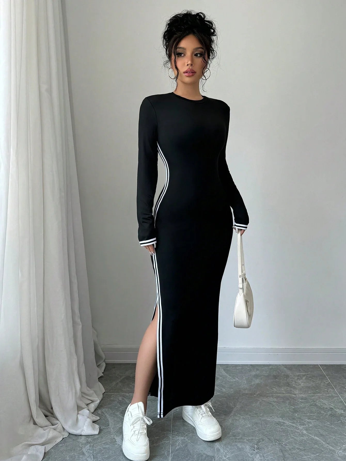 Buy SHEIN Raffinéa Women Contrast Color Patchwork Round Neck Long Sleeve Single Side Slit Dress Maxi Women Outfit in Pakistan