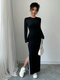 Buy SHEIN Raffinéa Women Contrast Color Patchwork Round Neck Long Sleeve Single Side Slit Dress Maxi Women Outfit in Pakistan